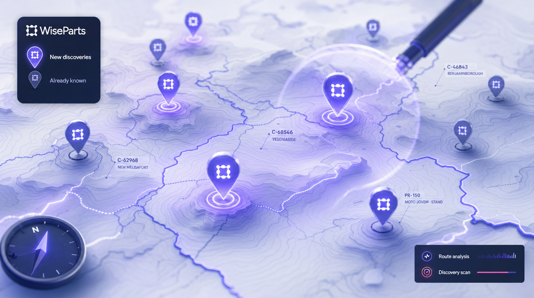 Stylised topographical map with glowing indigo prospect pins clustered across regions, a compass in the corner and discovery scan widgets on the side.