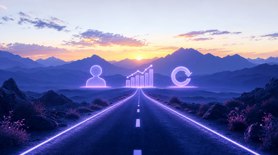 Cinematic horizon at dusk: an indigo road leads toward three glowing silhouettes — an AI agent, a rising bar chart, and a return-arrow loop — against indigo mountains and warm sky.