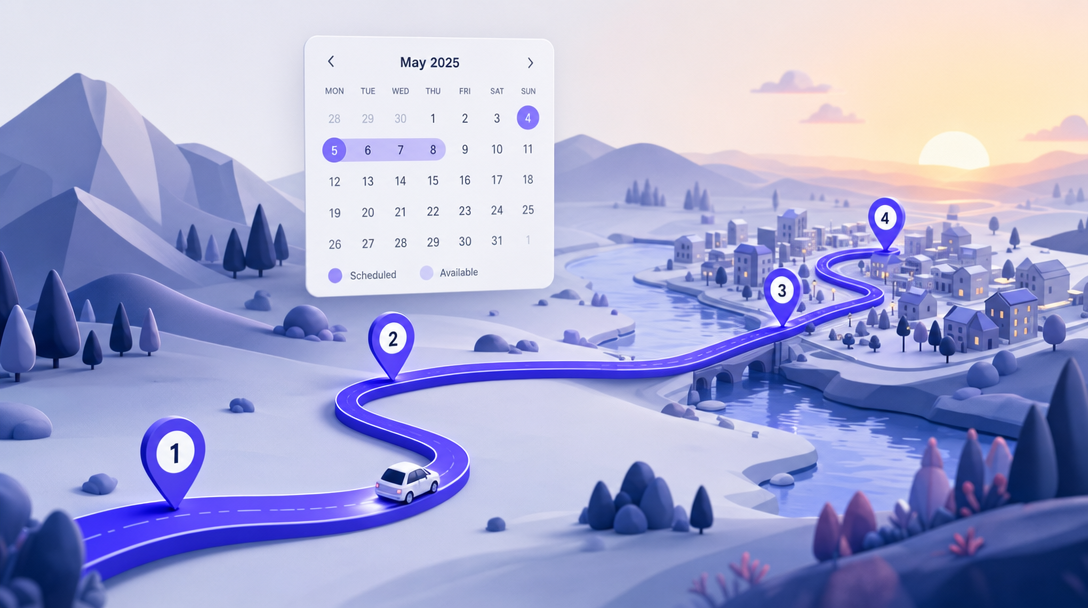 Isometric 3D landscape with an indigo route winding through hills, across a river into a small town, four numbered stops along the way, and a calendar widget showing the planned days.