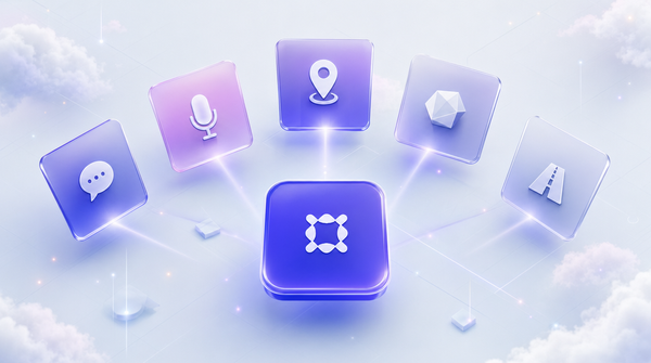 Five glass cards in an arc — chat bubble, microphone, map pin, polygon, road — connected by light beams to a central WiseParts card. Indigo gradients on a soft cloud sky.