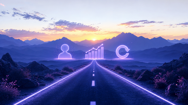 Cinematic horizon at dusk: an indigo road leads toward three glowing silhouettes — an AI agent, a rising bar chart, and a return-arrow loop — against indigo mountains and warm sky.