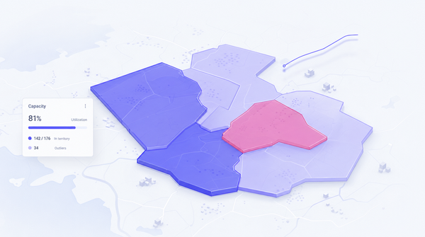 Isometric 3D map with four translucent territory polygons in indigo, lavender and pink, and a Capacity widget showing 81% utilization (142/176 in territory, 34 outliers).